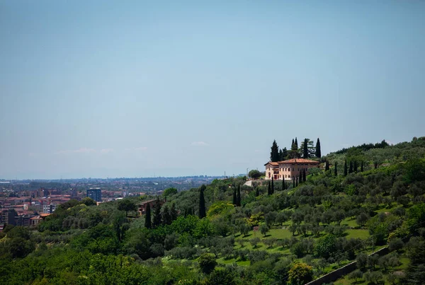 Beautiful house on the hill between the trees near the city. Blue sky above the city near the hill. Sunny day with clear blue sky. Green landscape with trees and olive grove