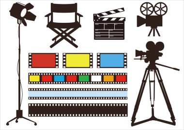 Movie symbol icon setMovie & film light, camera, director chair set , vector