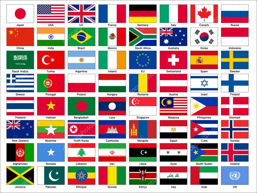World 64 Popular Flags/ English notation, vector Illustration