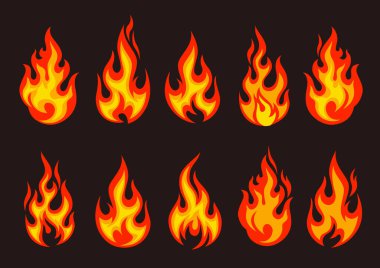 Set of burning fire flame and hot blazing bonfire,  vector illustration 