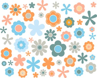 60's 70's cute colorful flowers set  pink , vector