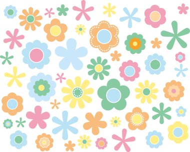 60's 70's cute colorful flowers set  pink , vector