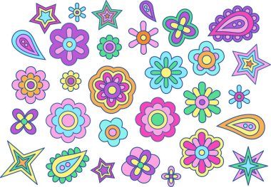 60's 70's cute colorful flowers set  pink , vector