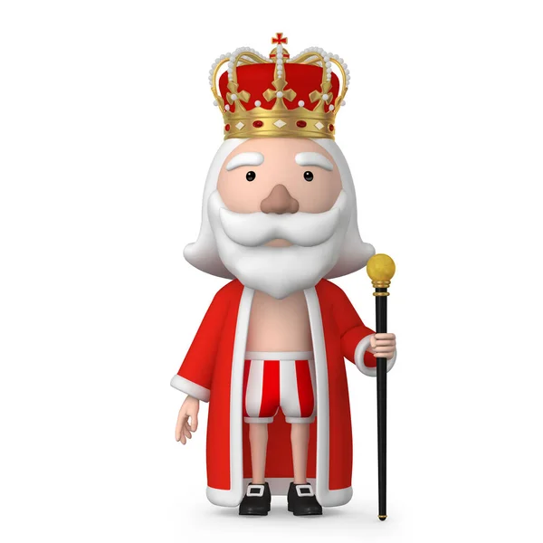 Velho Rei Usando Coroa Stand Fundo Branco Com Cana Ilustração — Fotografia de Stock