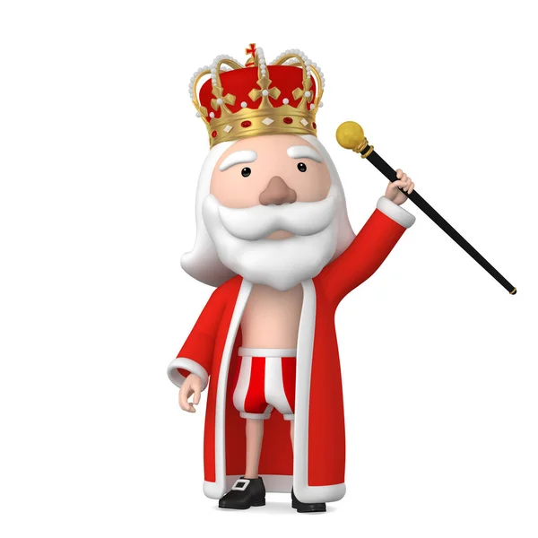 Old Naked King Wearing Crown Stand White Background Cane Illustration — Stock Photo, Image