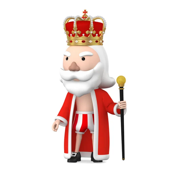 Velho Rei Usando Coroa Stand Fundo Branco Com Cana Ilustração — Fotografia de Stock