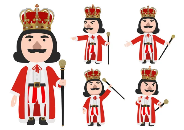 King Wearing Crown Stand White Background Cane Vector — Stockový vektor