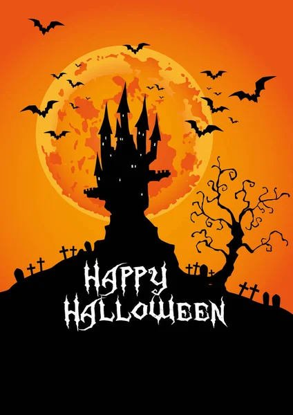 Happy Halloween Haunted Castle Full Moon Night Vector Illustration — Stock Vector