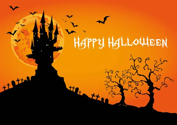 Happy Halloween Spukschloss Bei Vollmond Vektorillustration — Stockvektor