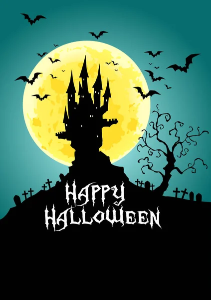 Happy Halloween Spukschloss Bei Vollmond Vektorillustration — Stockvektor