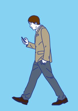 yan portre adam akıllı telefon kullanarak yürüyor, vektör illüstrasyon