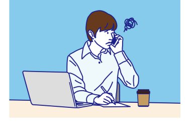 Dizüstü bilgisayarla çalışan adam sorunlu, Vektör illüstrasyonu 