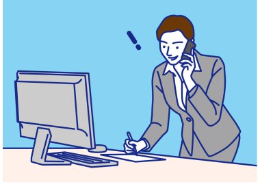 Bir telefon görüşmesi yaparken not alan iş kadını ilham ve illüstrasyon aldı.    