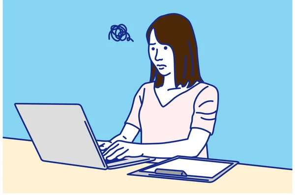 Frau Arbeitet Mit Laptop Troubled Vector Illustration — Stockvektor