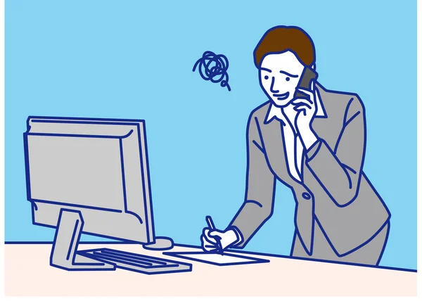 Geschäftsfrau Macht Sich Notizen Während Eines Telefonats Troubled Vector Illustration — Stockvektor
