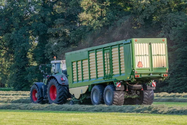 Zöld Traktor Felvette Vágott Egy Zöld Rakodó Kocsi Nyáron Hollandiában — Stock Fotó