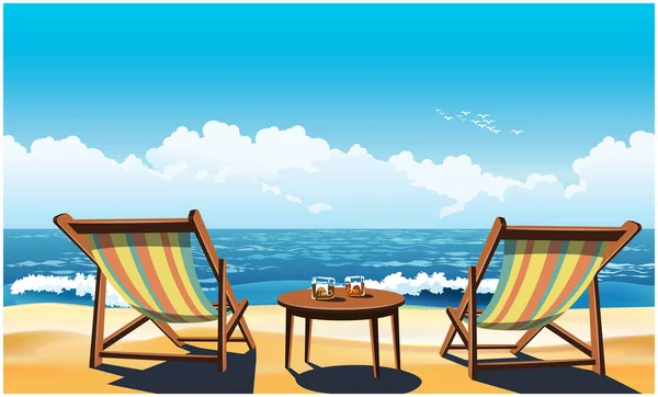 Dos Chaise Lounges Vasos Whisky Orilla Del Mar Hermosa Vista — Vector de stock