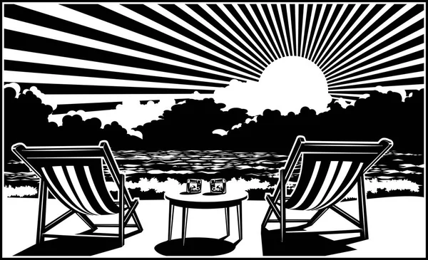 海滩上的两个躺椅一样无济于事 威士忌和夕阳在海面上 — 图库矢量图片