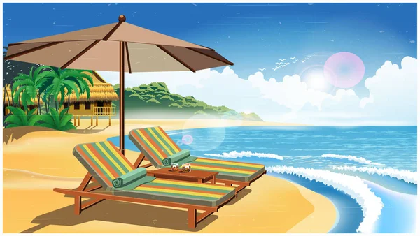 Strand Bungalow Zwei Liegestühle Und Ein Sonnenschirm Sandstrand Eines Exotischen — Stockvektor
