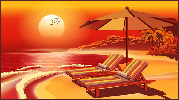 在日落的一个异国情调的国家的沙滩上的两个甲板椅和一把雨伞 — 图库矢量图片