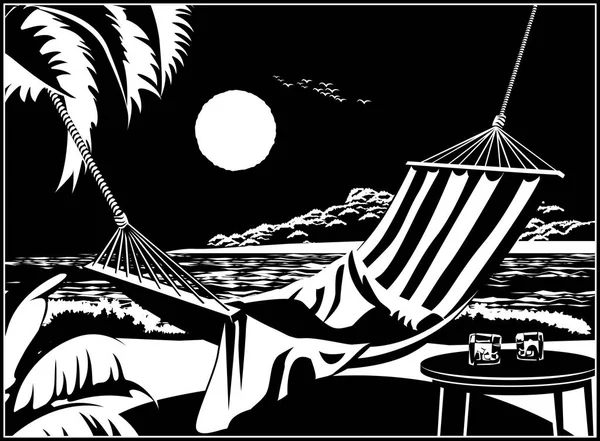 Гамаку Піщаний Пляж Тропічного Двох Келихів Віскі — стоковий вектор