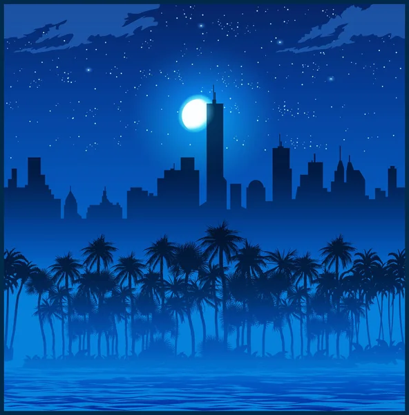 Illustration Der Stadt Und Der Palmen Bei Nacht Nahtlose Horizontale — Stockvektor