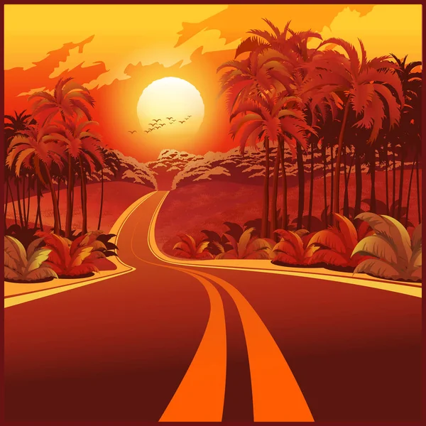 Stylized Vector Illustration Road Jungle Sunset — Stock Vector