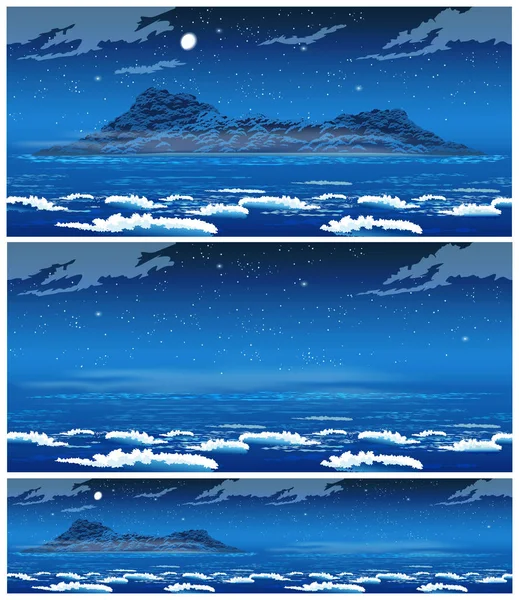 Två Sömlösa Horisontell Vektorillustration Ett Öppet Hav Landskap Med Natten — Stock vektor