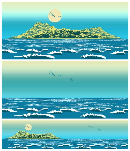 レトロなポスター スタイルの島と海風景の つのシームレスな水平ベクトル イラスト — ストックベクタ