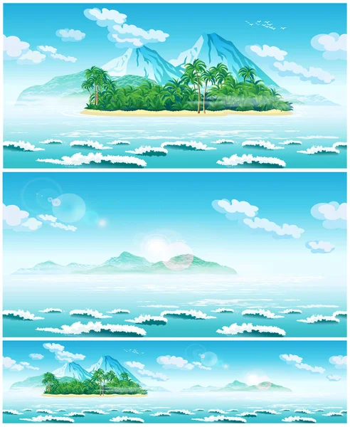 一个开阔的海洋景观和热带岛屿的两个无缝水平矢量插图 — 图库矢量图片