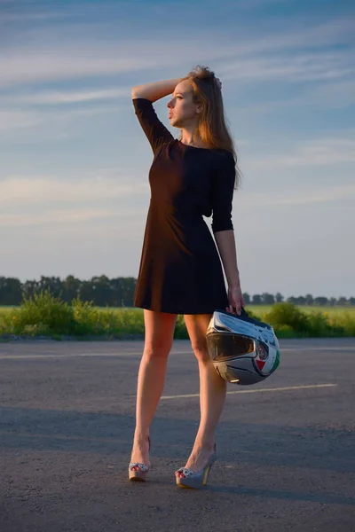 Beautiful Girl Dress Road Motorcycle Helmet Hands Sunset — Stock Photo, Image