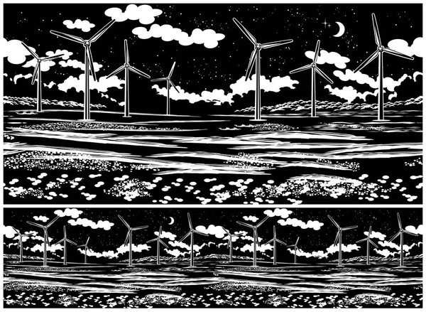 Ilustración Campo Pintoresco Con Generadores Viento Por Noche Sin Fisuras — Vector de stock