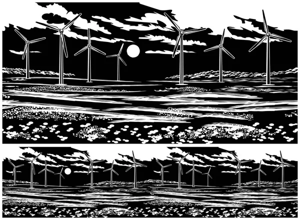 Illustration Eines Malerischen Feldes Mit Windgeneratoren Nahtlos Horizontal Bei Bedarf — Stockvektor
