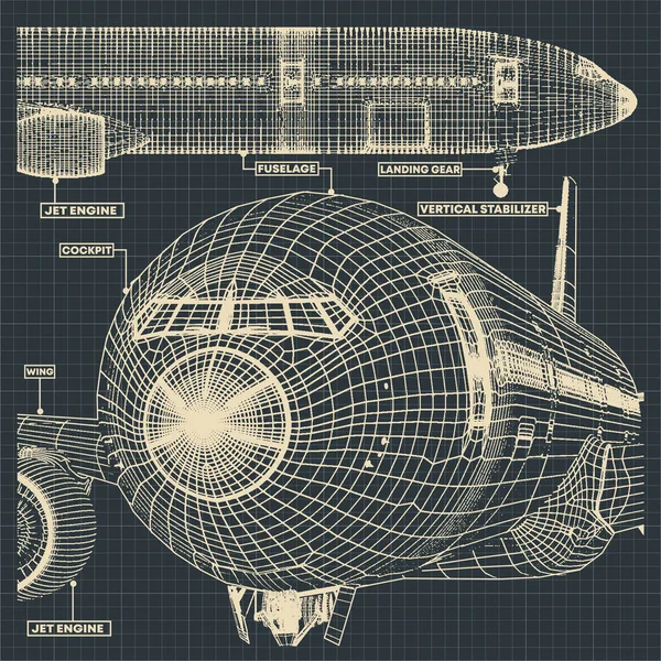 Vector Illustration Fragment Drawings Civilian Jet Retro Style — Stock Vector