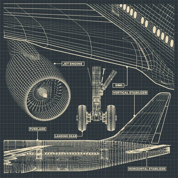 レトロなスタイルの民間ジェット機の図面の断片のベクター イラスト — ストックベクタ