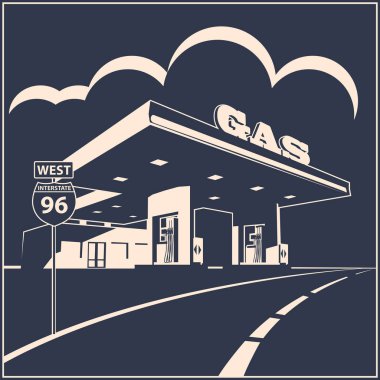 Bir benzin istasyonu yolda stilize vektör çizim