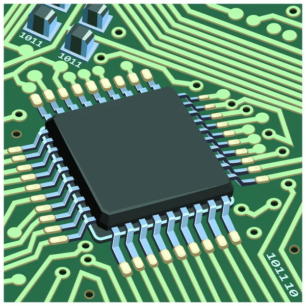 Illustrazione Vettoriale Stilizzata Del Chip Circuito Elettronico Sul Primo Piano — Vettoriale Stock