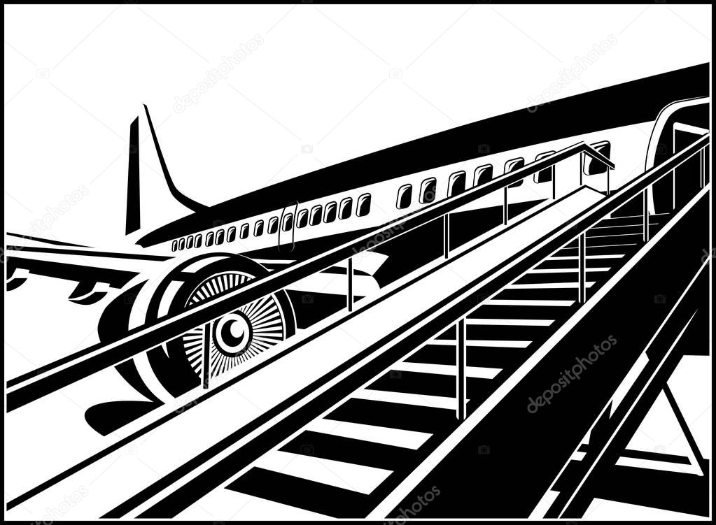Stylized vector illustration on the theme of civil aviation. Modern jet airplane ready to take on passengers.