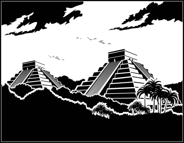 Illustrazione Stilizzata Vettoriale Delle Antiche Piramidi Maya Nella Giungla — Vettoriale Stock