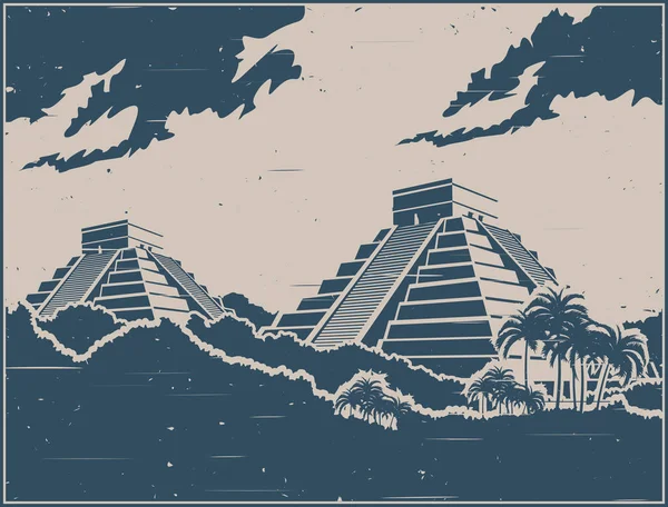 Antik Maya Piramitleri Retro Poster Stilinde Ormanda Stilize Vektör Çizim — Stok Vektör