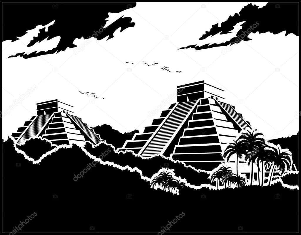 Stylized vector illustration of ancient Mayan pyramids in the jungle