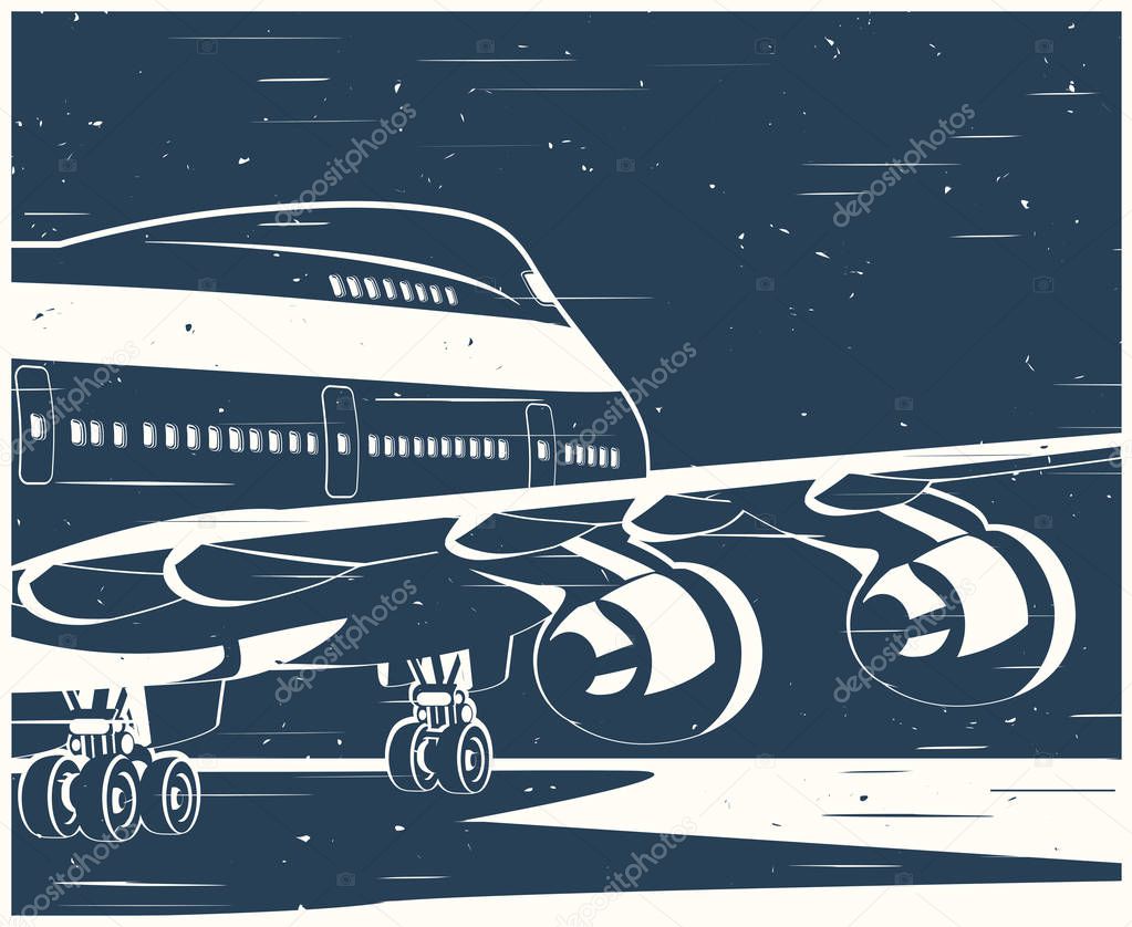 Stylized vector illustration on the theme of civil aviation. Modern jet airplane ready to take off in the old style poster.