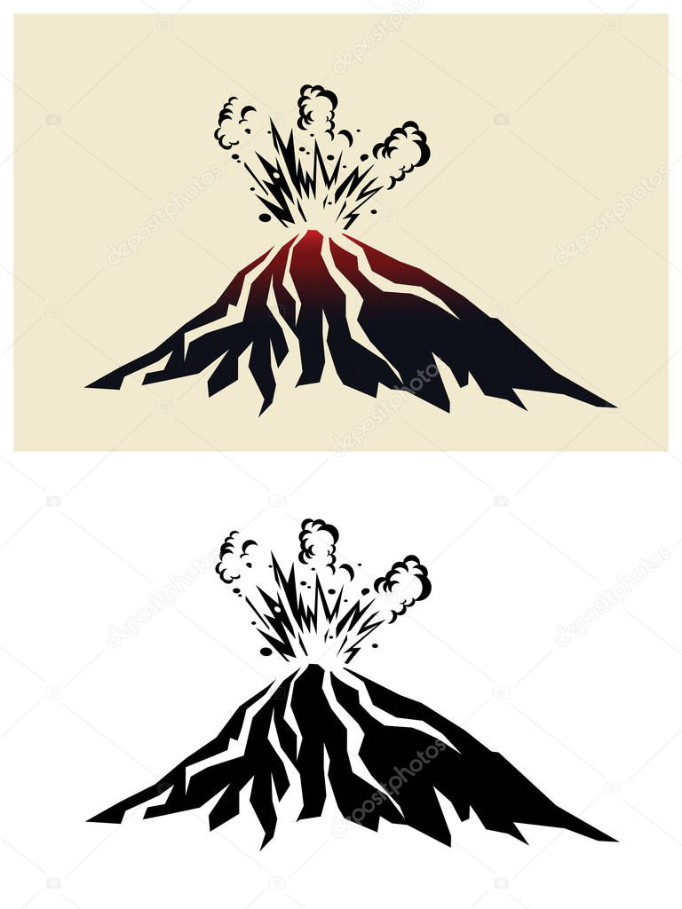 Stylized illustration of a erupting volcano with black clouds of smoke