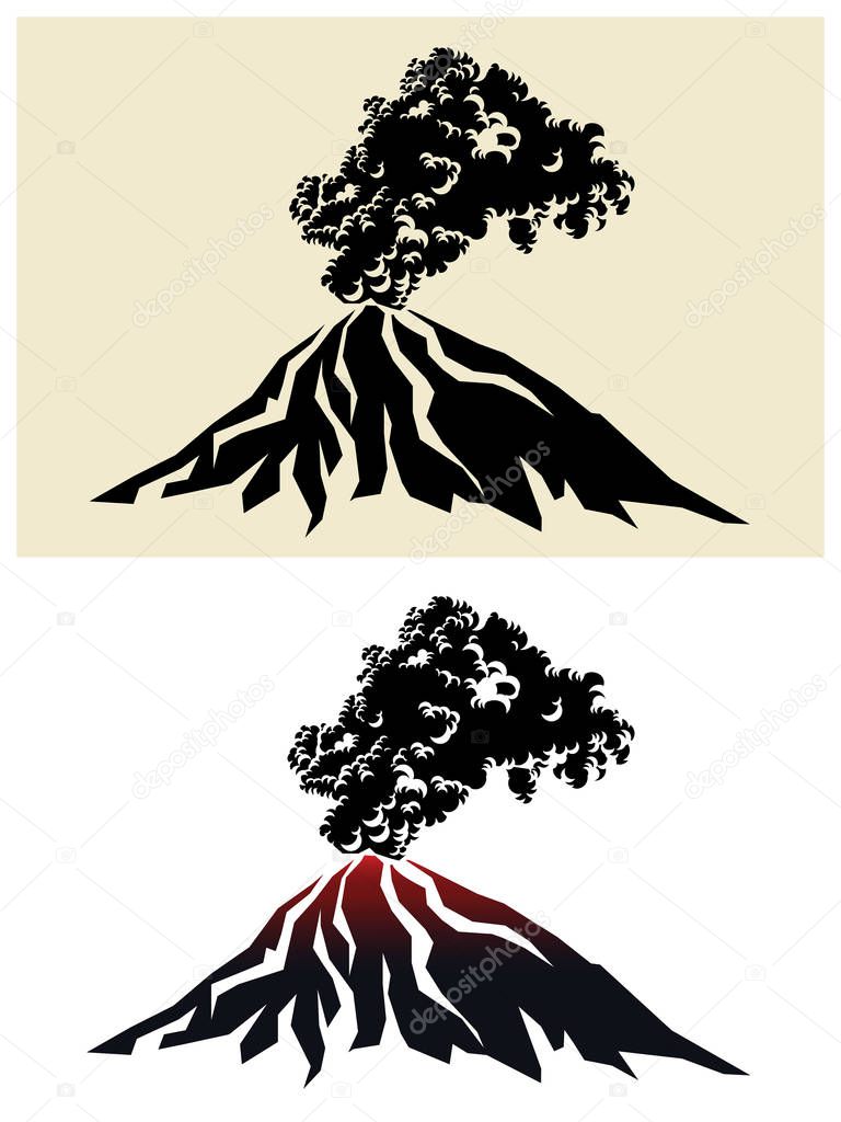 Stylized illustration of a smoking volcano with black clouds of smoke