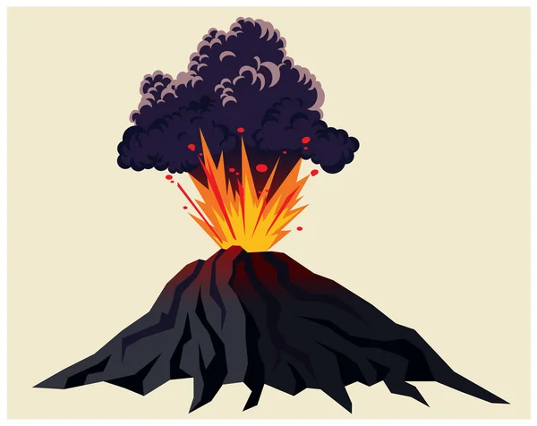 Ilustração Estilizada Poderoso Vulcão Erupção Com Nuvens Negras Fumaça — Vetor de Stock