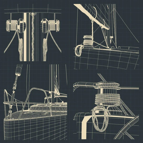 船首の図面とセーリングヨットのウィンチ — ストックベクタ