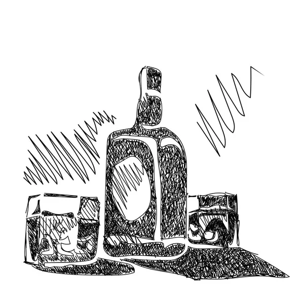 Flasche Whisky mit Gläserskizze — Stockvektor
