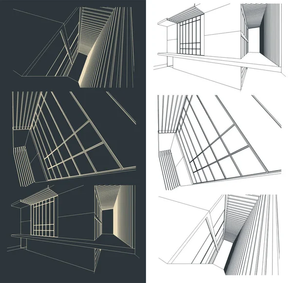 近代的な建物の輪郭とその断片の様式化されたベクトル図ミニセット — ストックベクタ