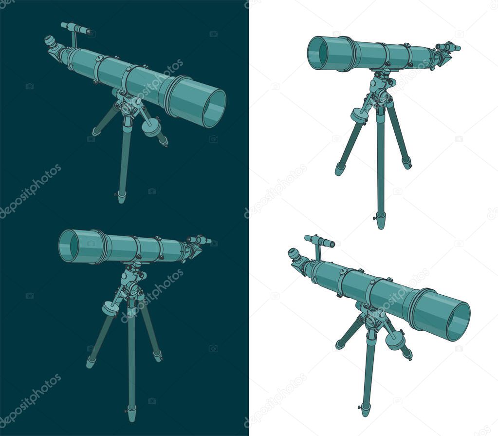 Stylized color vector illustrations of a spyglass on a tripod