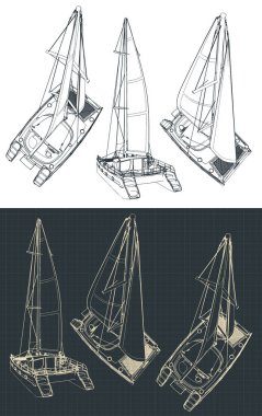 Yelkenli katamaran çizimlerinin stilize edilmiş vektör çizimi